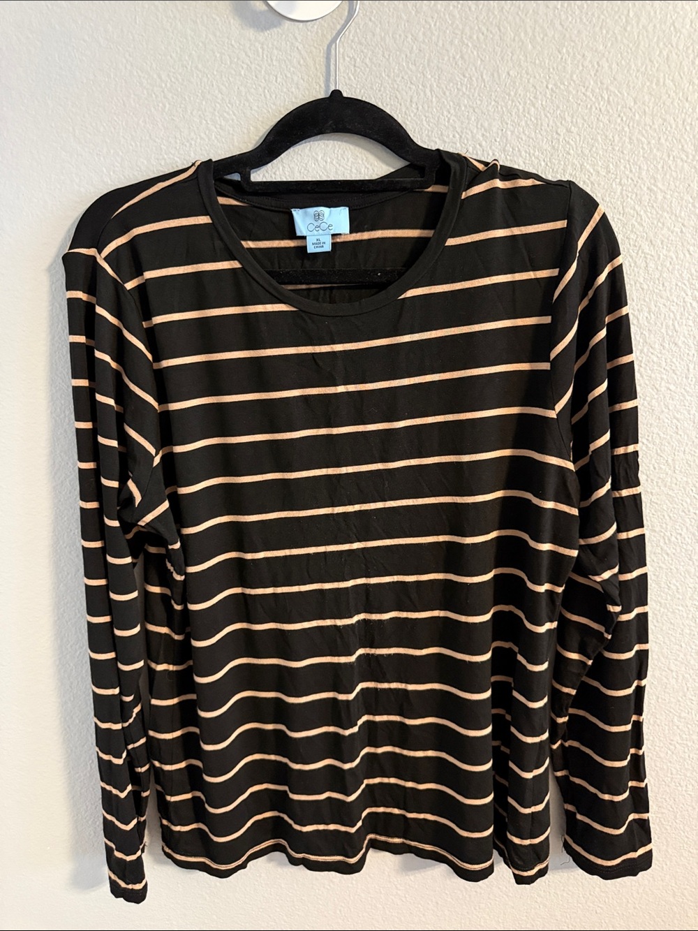 CeCe Black and Tan Striped Long-Sleeve Tee